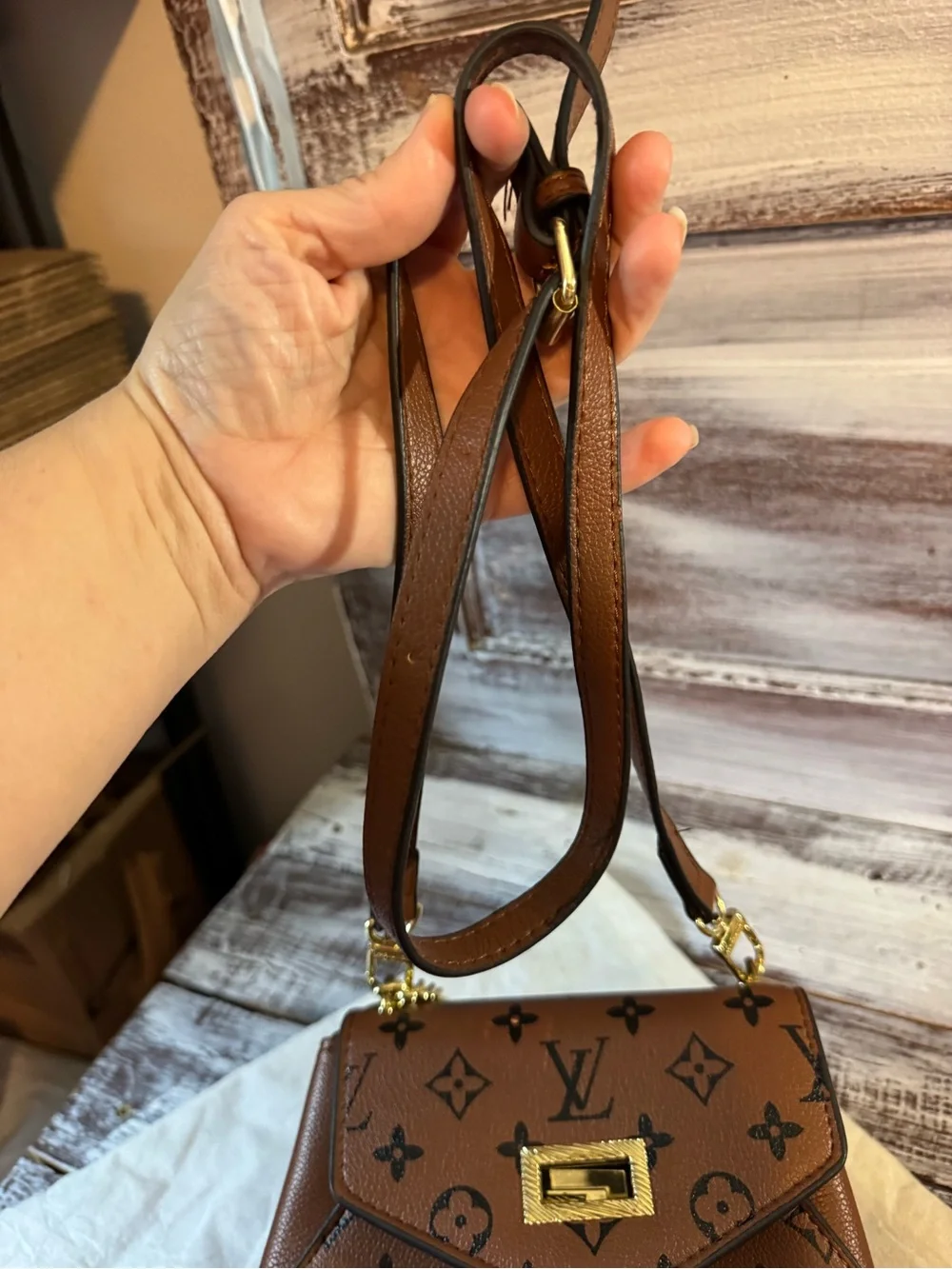 Brown Monogram Crossbody Bag with Gold Chain